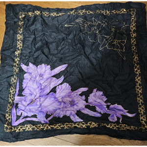 100% Silk Thailand Black with Purple Orchid - GORGEOUS 34 in Square